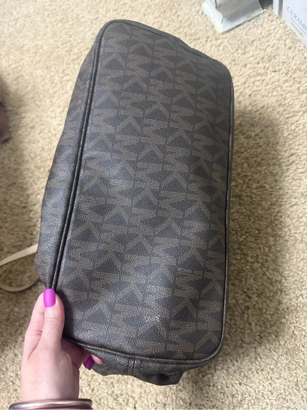 Michael Kors Brown Signature Logo Tote with Tan Trim and MK Charm